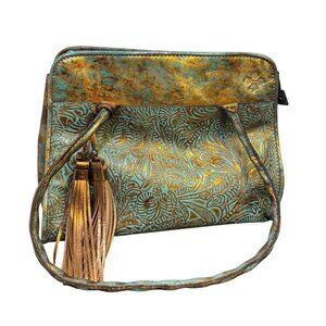 Patricia Nash Embossed Leather Satchel Bag With Tassel Turquoise & Gold Boho